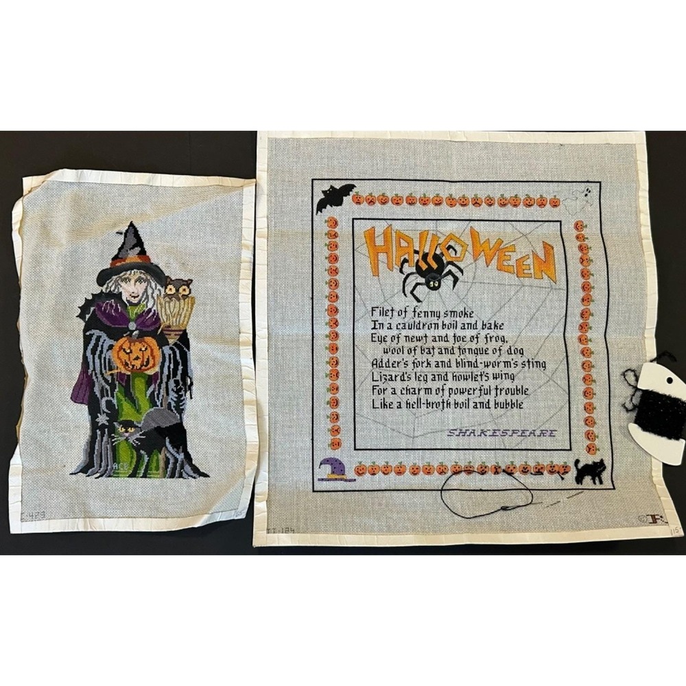 Vintage Hand Painted R & Unsigned Halloween Needlepoint Canvases